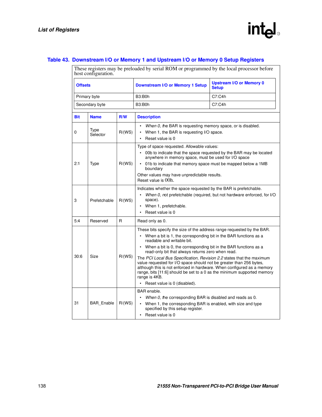 Intel 21555 user manual Upstream I/O or Memory Setup 