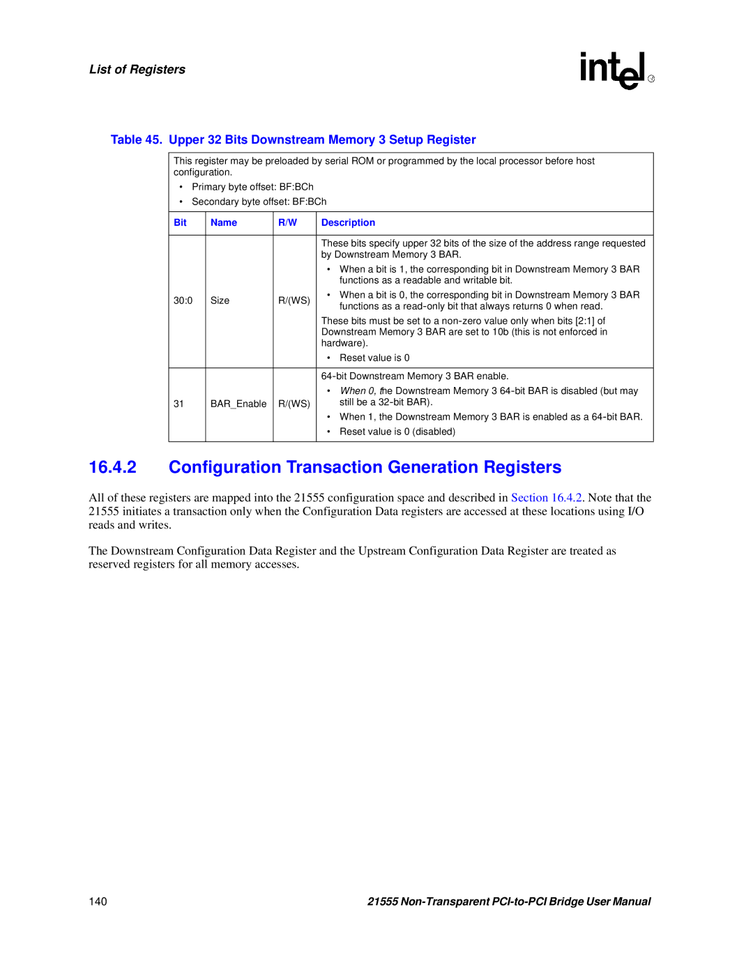 Intel 21555 user manual Configuration Transaction Generation Registers, Upper 32 Bits Downstream Memory 3 Setup Register 