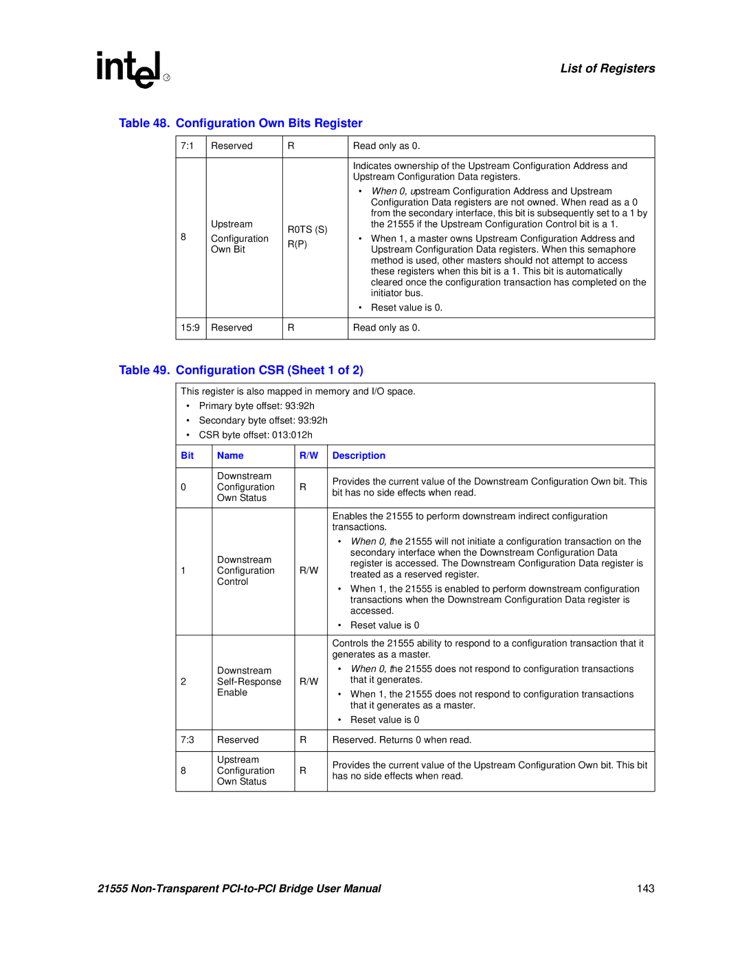 Intel 21555 user manual Configuration CSR Sheet 1 