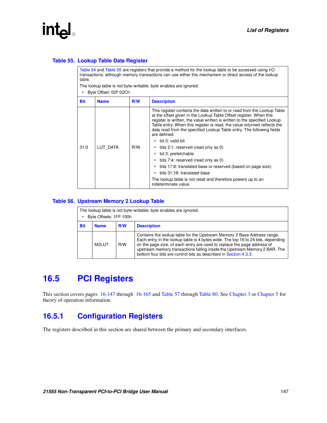 Intel 21555 PCI Registers, Configuration Registers, Lookup Table Data Register, Upstream Memory 2 Lookup Table, Bit Name 