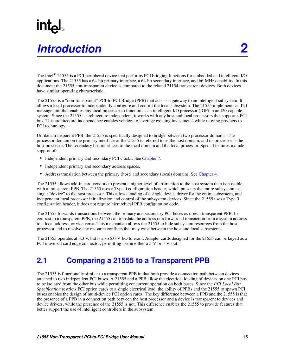 Intel user manual Introduction, Comparing a 21555 to a Transparent PPB 