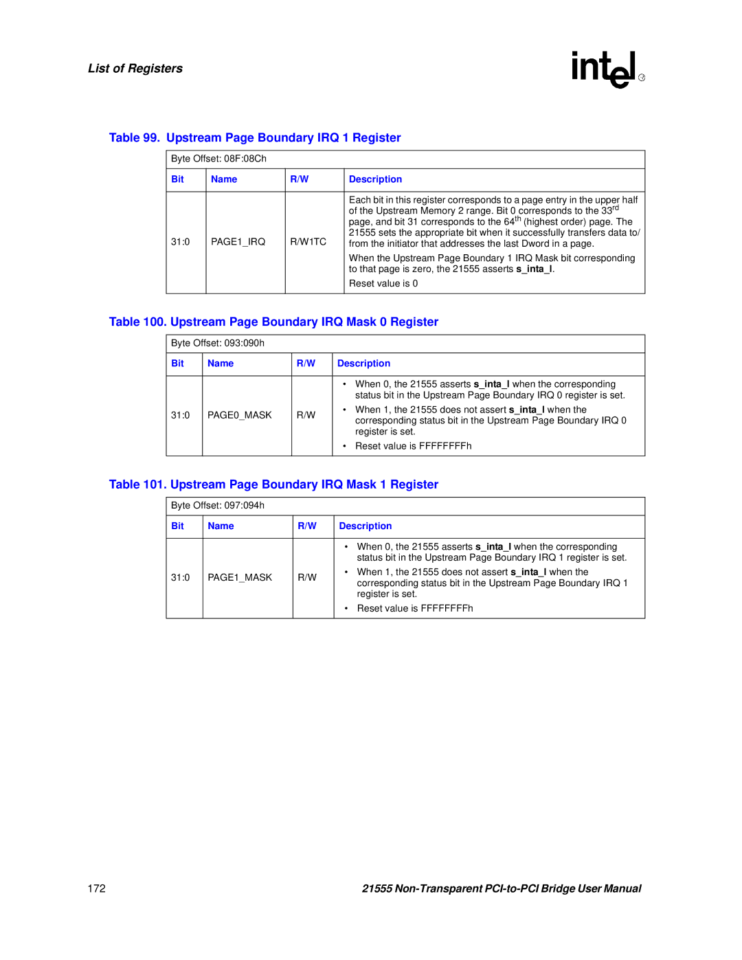 Intel 21555 user manual Upstream Page Boundary IRQ 1 Register, Upstream Page Boundary IRQ Mask 0 Register 