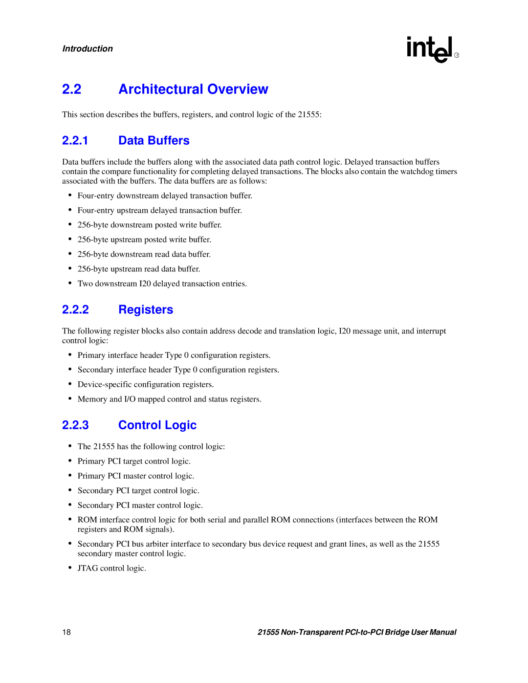 Intel 21555 user manual Architectural Overview, Data Buffers, Registers, Control Logic 