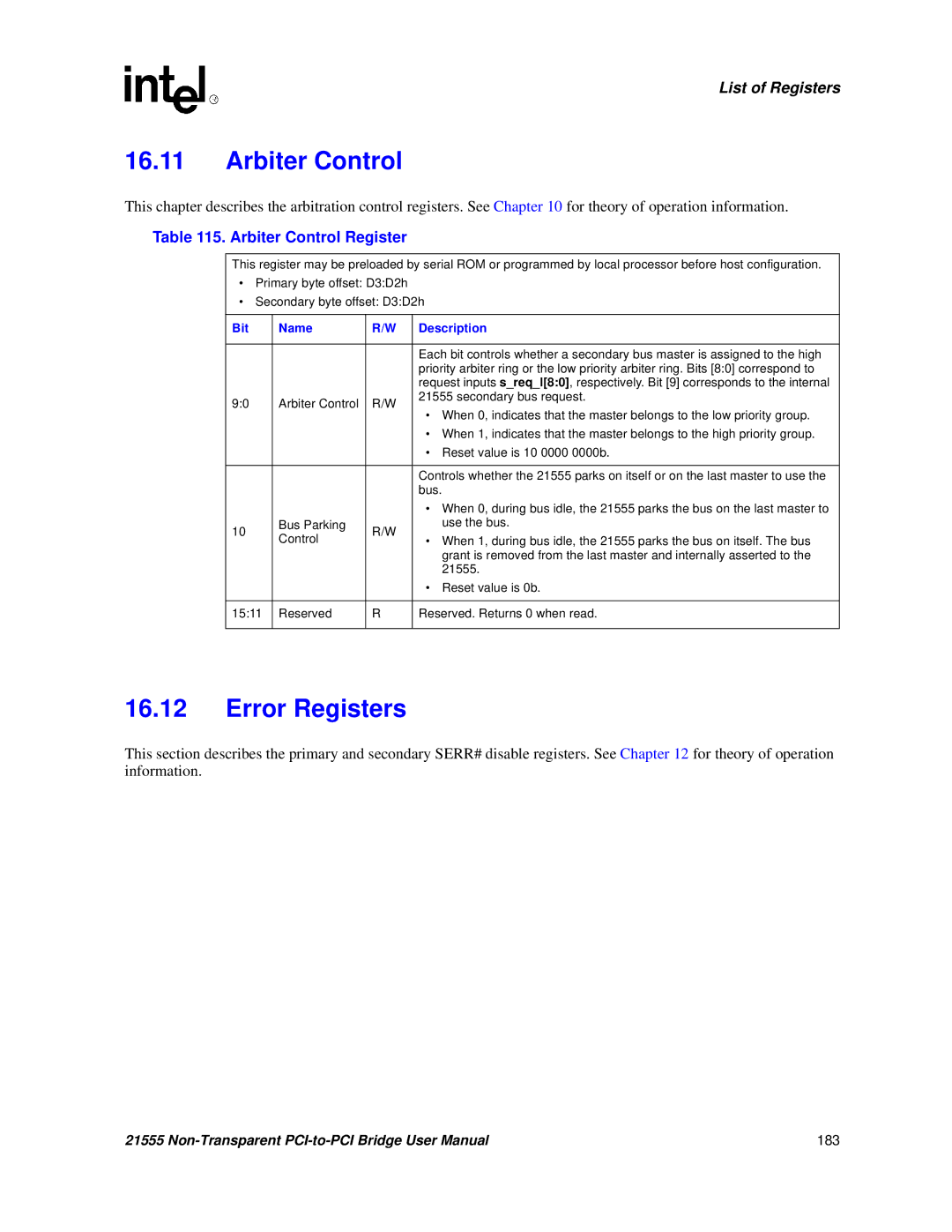 Intel 21555 user manual Arbiter Control, Error Registers 