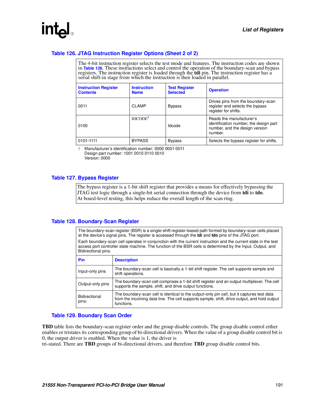 Intel 21555 Jtag Instruction Register Options Sheet 2, Bypass Register, Boundary-Scan Register, Boundary Scan Order 