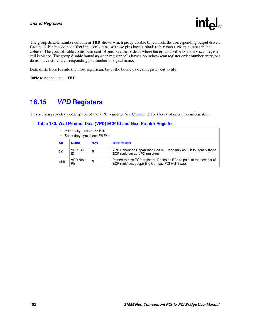 Intel 21555 user manual VPD Registers, Vital Product Data VPD ECP ID and Next Pointer Register, Vpd Ecp 