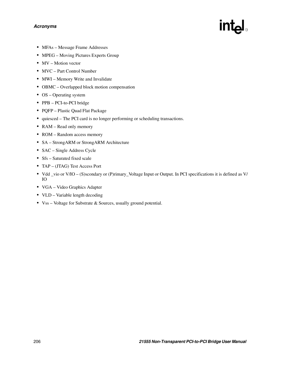 Intel 21555 user manual Acronyms 