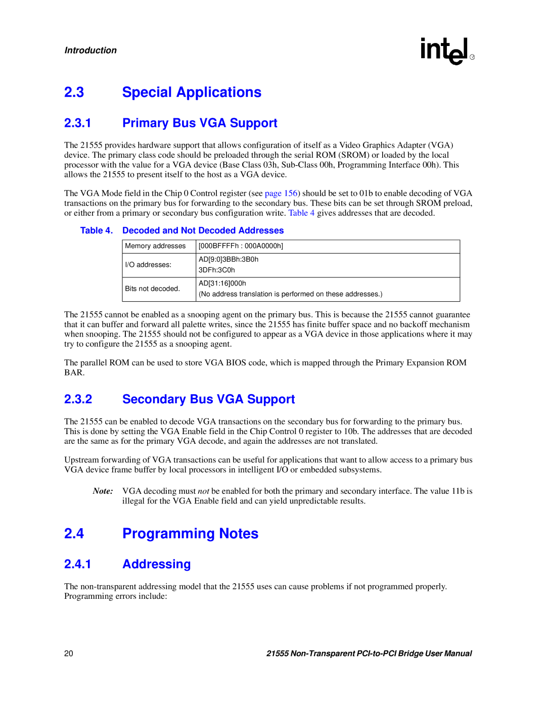 Intel 21555 Special Applications, Programming Notes, Primary Bus VGA Support, Secondary Bus VGA Support, Addressing 