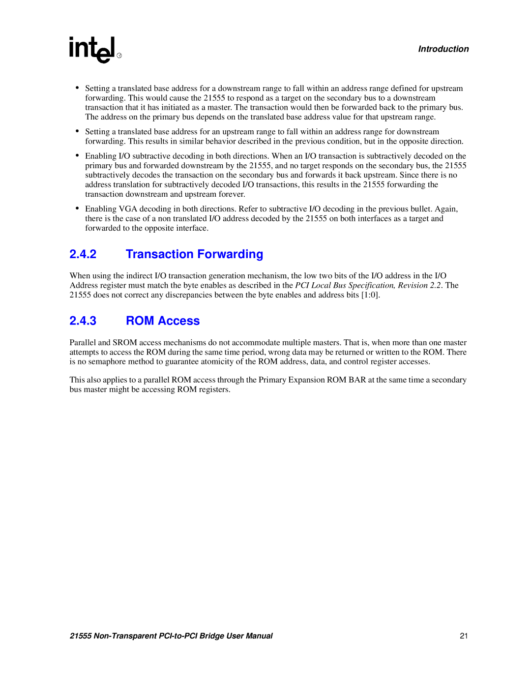 Intel 21555 user manual Transaction Forwarding, ROM Access 