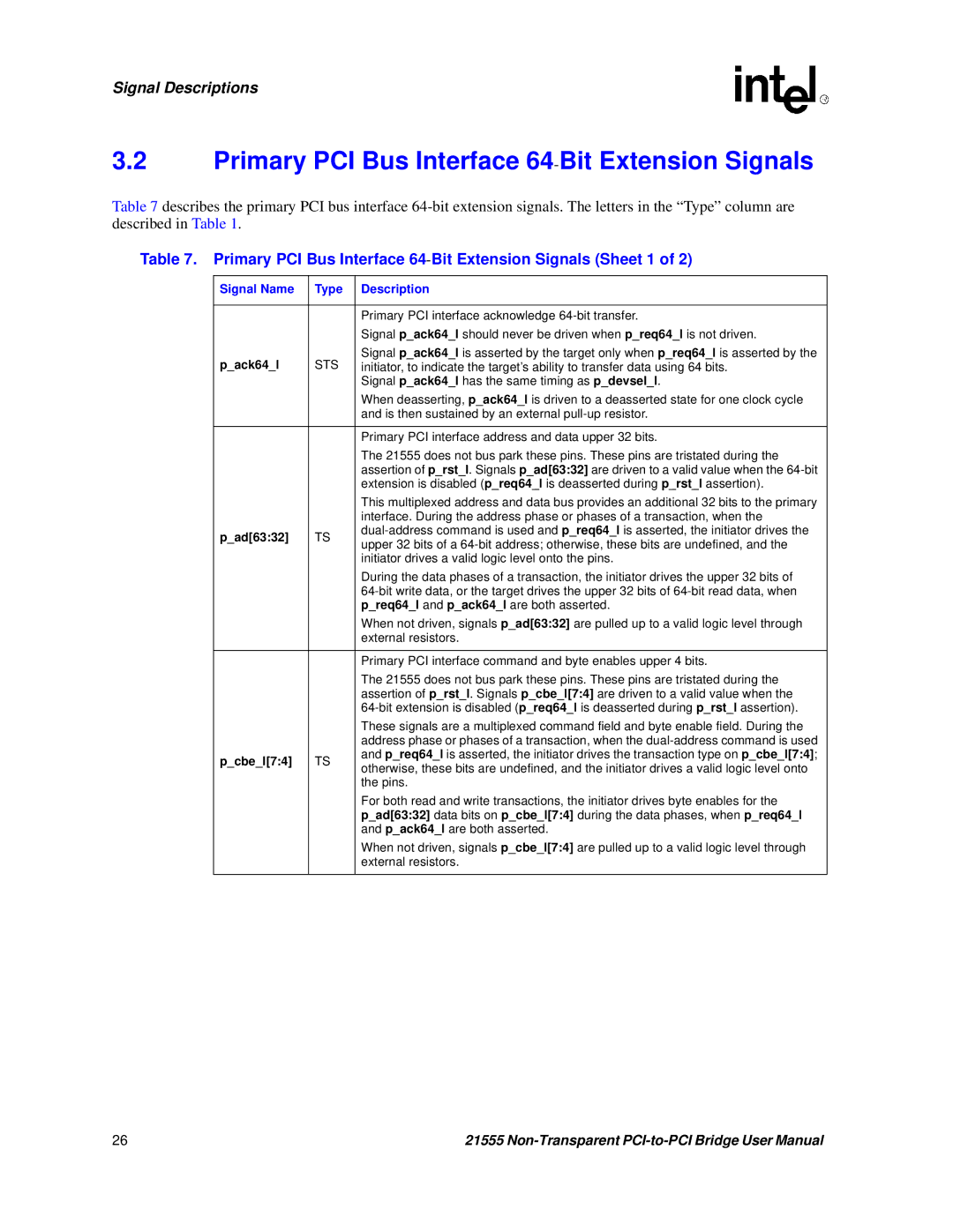 Intel 21555 user manual Primary PCI Bus Interface 64-Bit Extension Signals Sheet 1, Pack64l, Pad6332, Pcbel74 