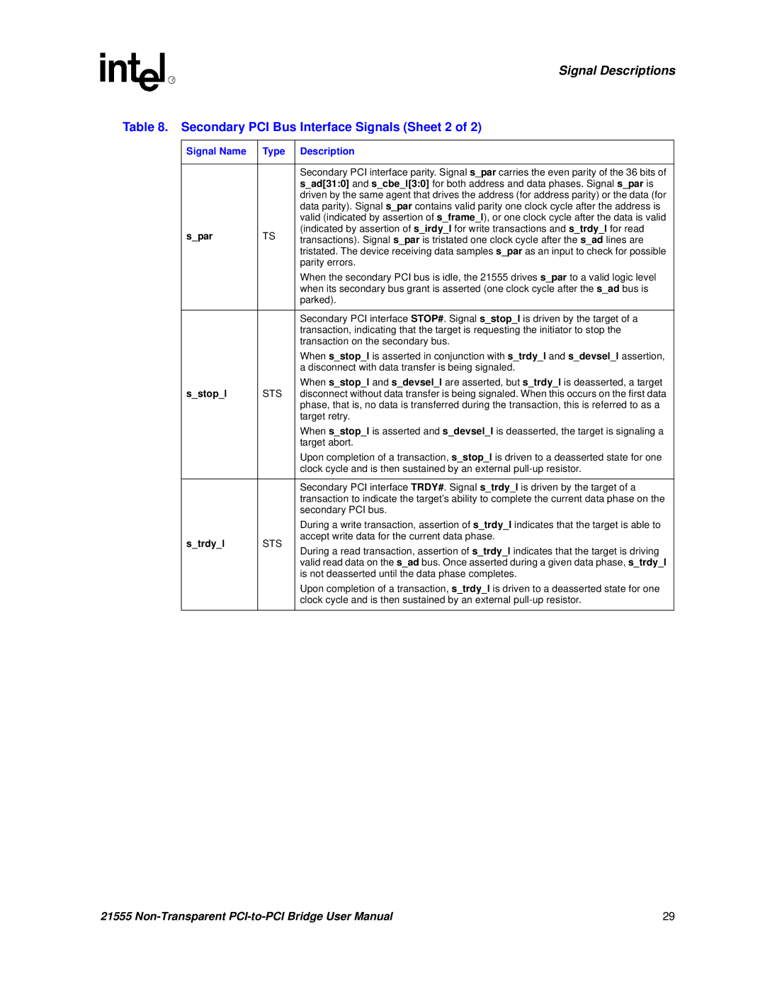 Intel 21555 user manual Secondary PCI Bus Interface Signals Sheet 2, Spar, Sstopl, Strdyl 