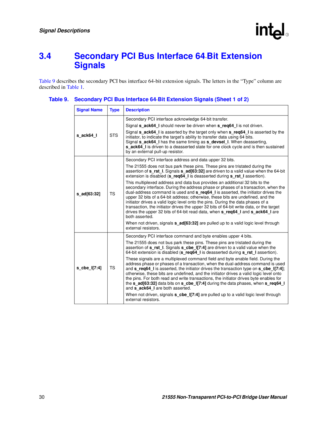 Intel 21555 user manual Secondary PCI Bus Interface 64-Bit Extension Signals, Sack64l, Sad6332, Scbel74 