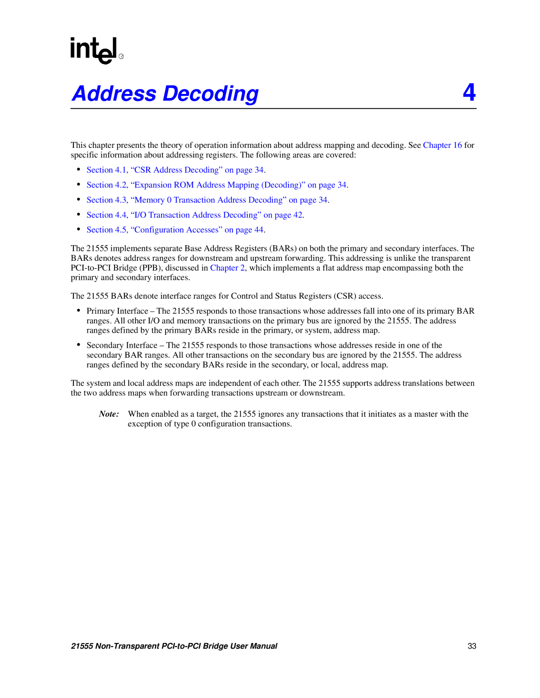 Intel 21555 user manual Address Decoding 