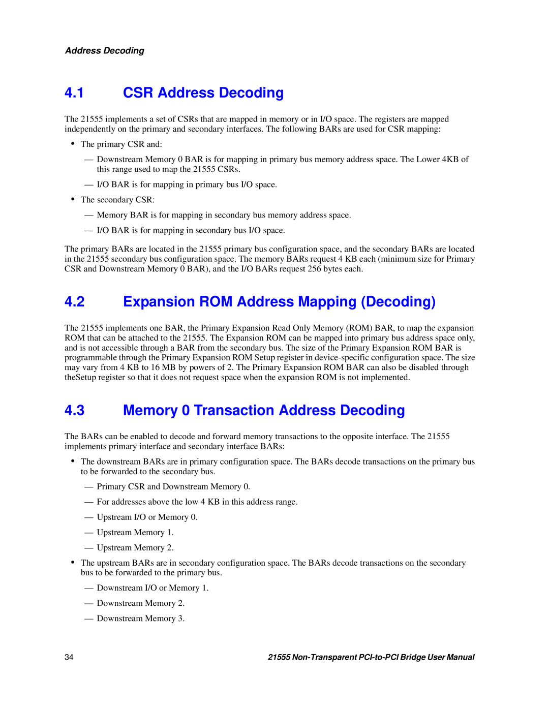 Intel 21555 user manual CSR Address Decoding, Expansion ROM Address Mapping Decoding, Memory 0 Transaction Address Decoding 