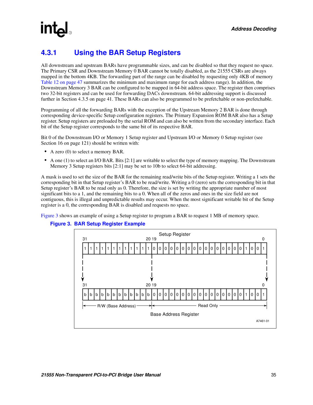 Intel 21555 user manual Using the BAR Setup Registers, BAR Setup Register Example 