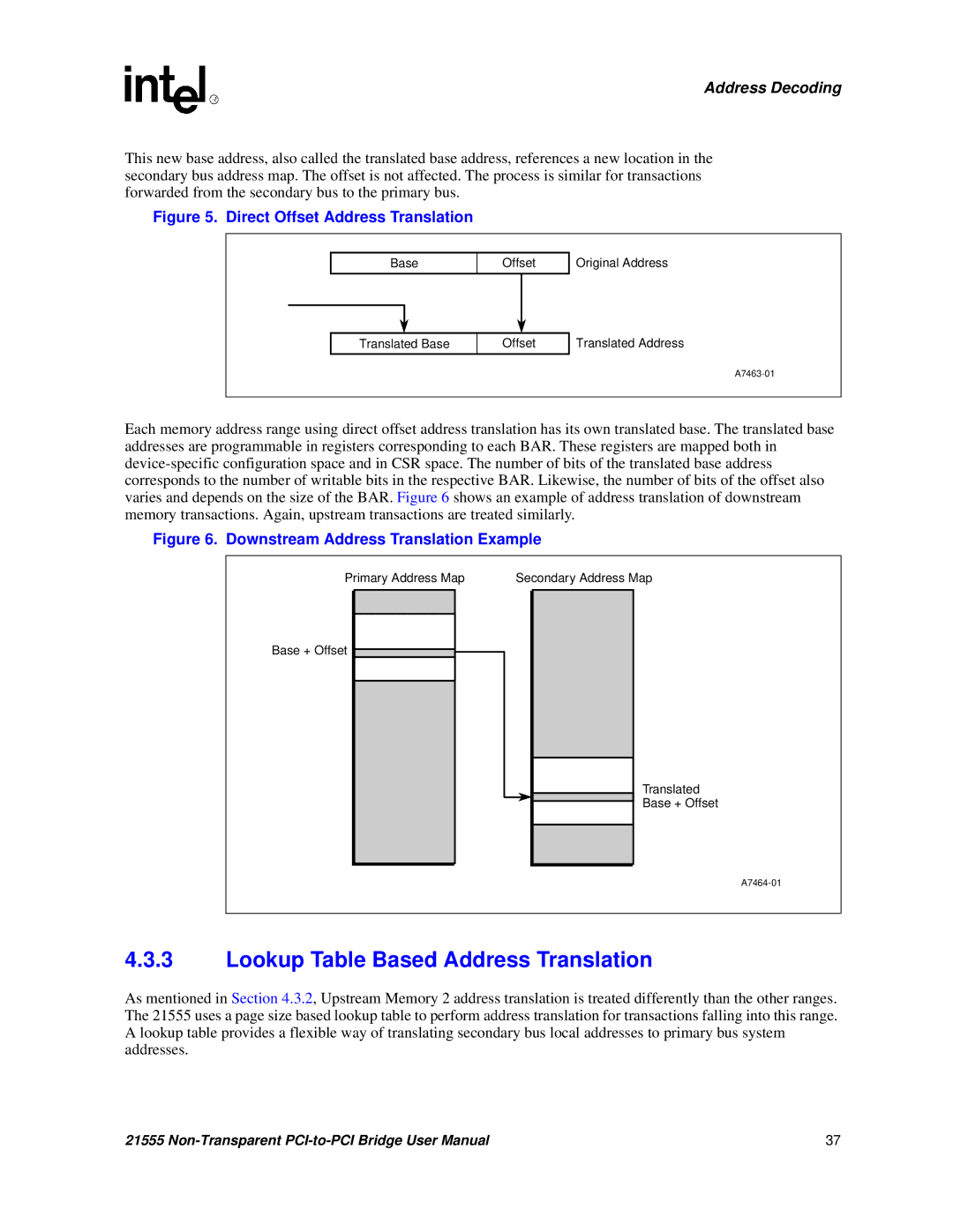 Intel 21555 user manual Lookup Table Based Address Translation, Direct Offset Address Translation 