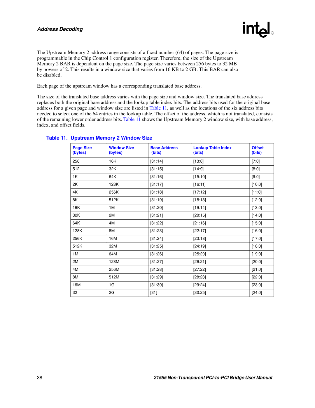 Intel 21555 user manual Upstream Memory 2 Window Size 