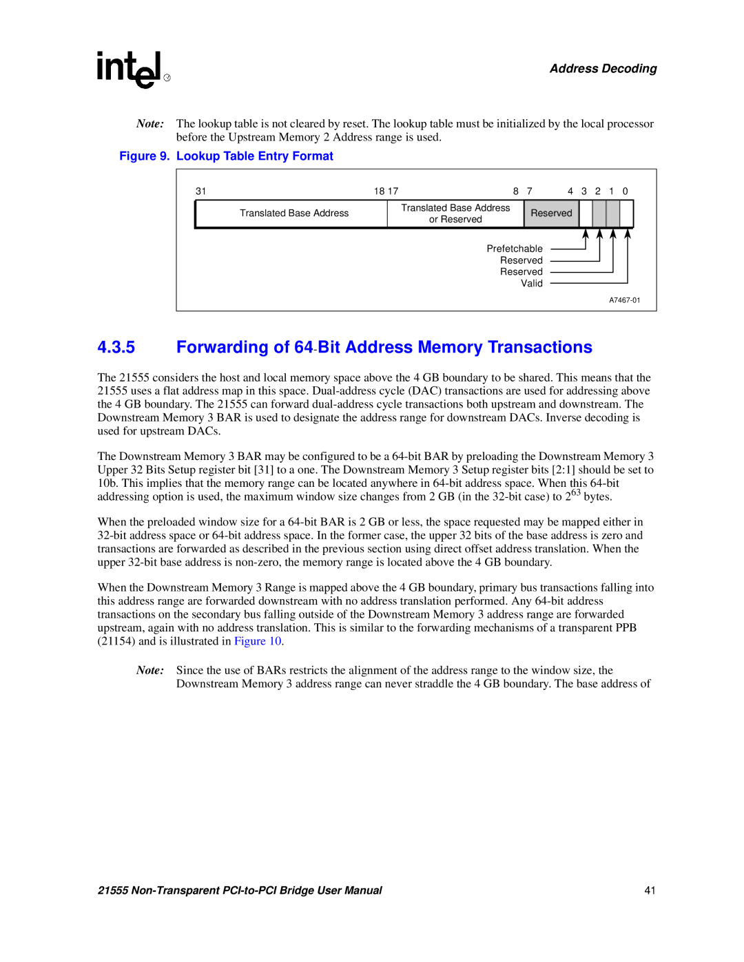 Intel 21555 user manual Forwarding of 64-Bit Address Memory Transactions, Lookup Table Entry Format 