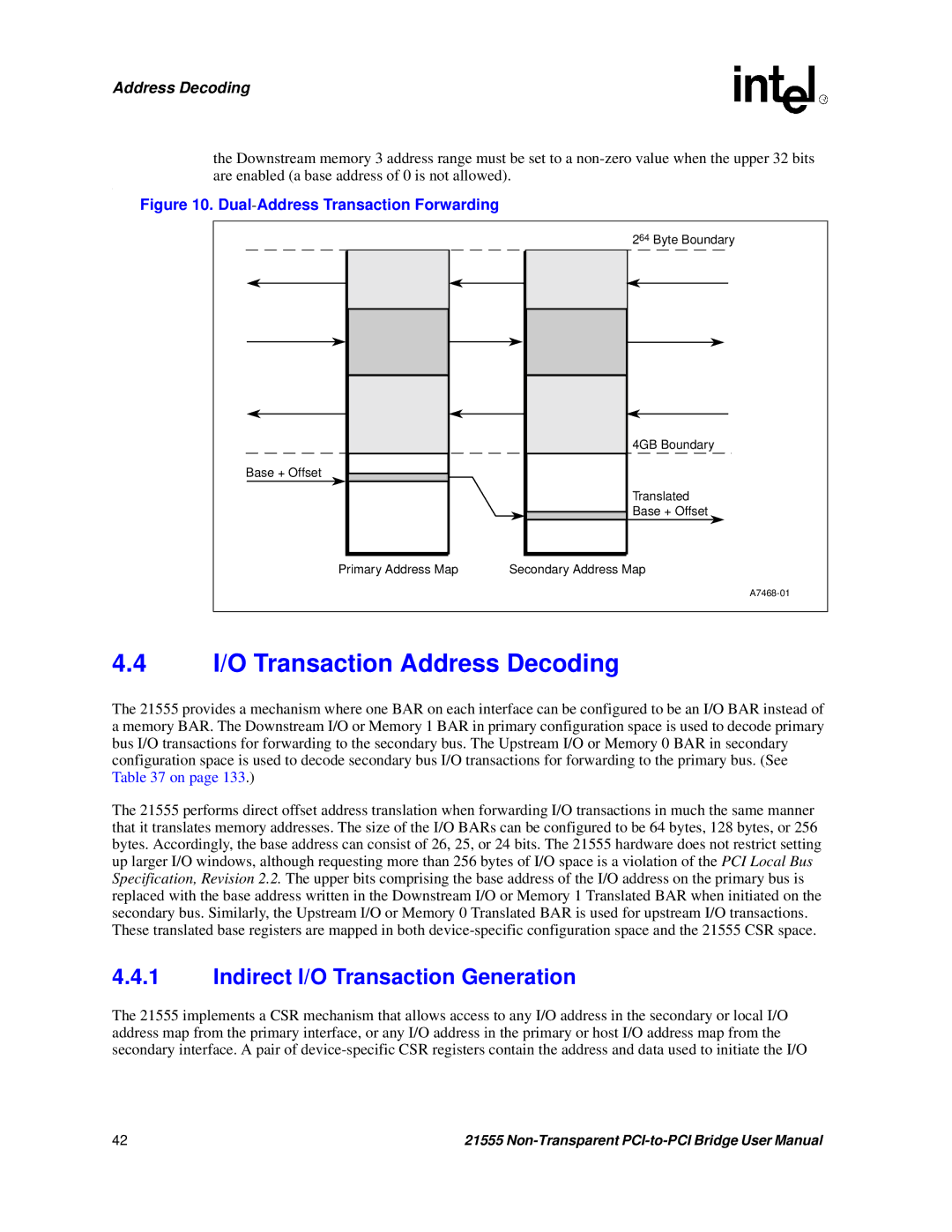 Intel 21555 user manual I/O Transaction Address Decoding, Indirect I/O Transaction Generation 