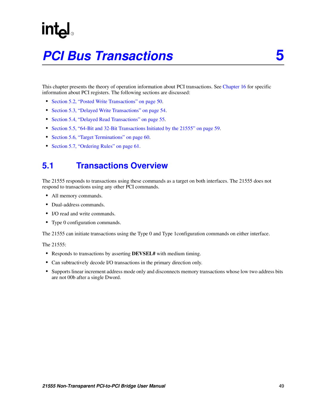 Intel 21555 user manual PCI Bus Transactions, Transactions Overview 