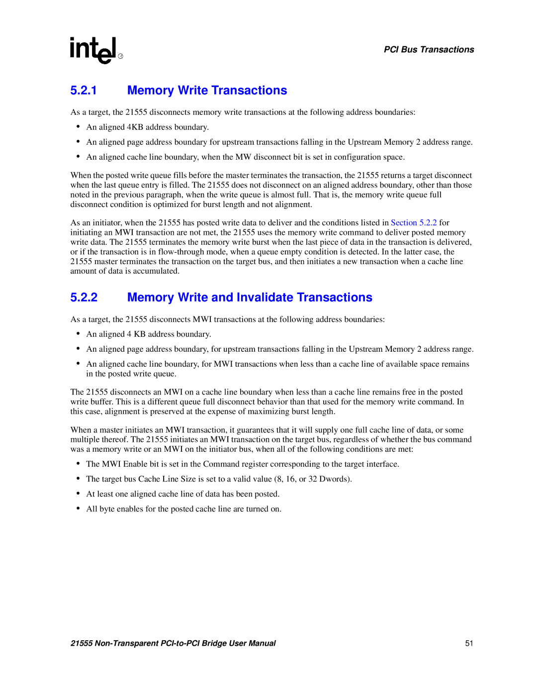 Intel 21555 user manual Memory Write Transactions, Memory Write and Invalidate Transactions 