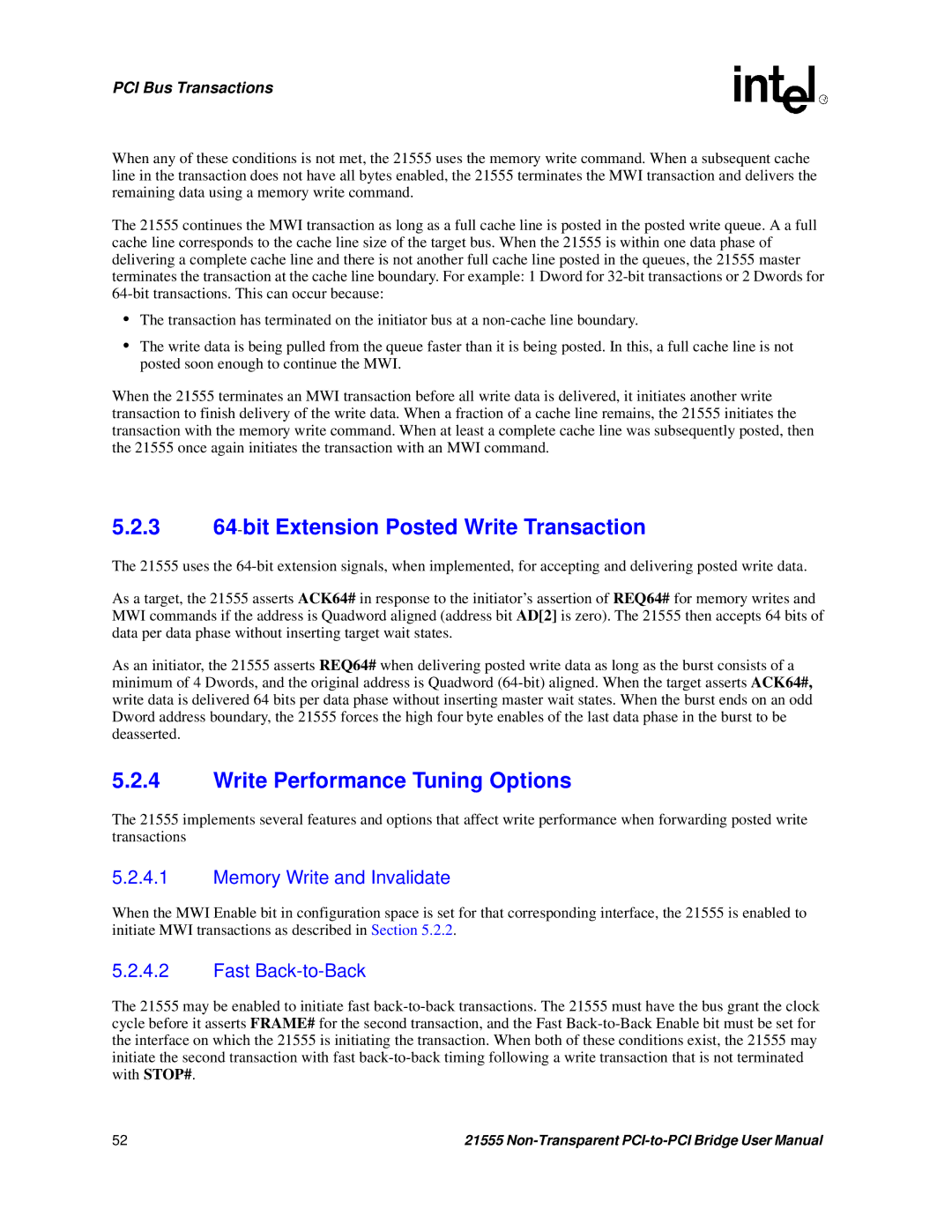 Intel 21555 user manual 3 64-bit Extension Posted Write Transaction, Write Performance Tuning Options 