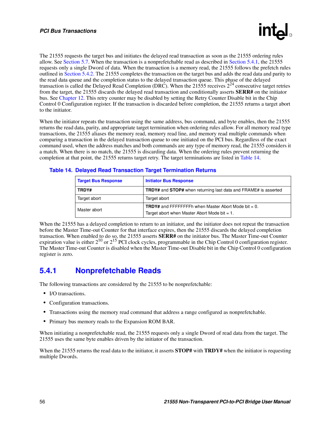 Intel 21555 user manual Nonprefetchable Reads, Delayed Read Transaction Target Termination Returns 