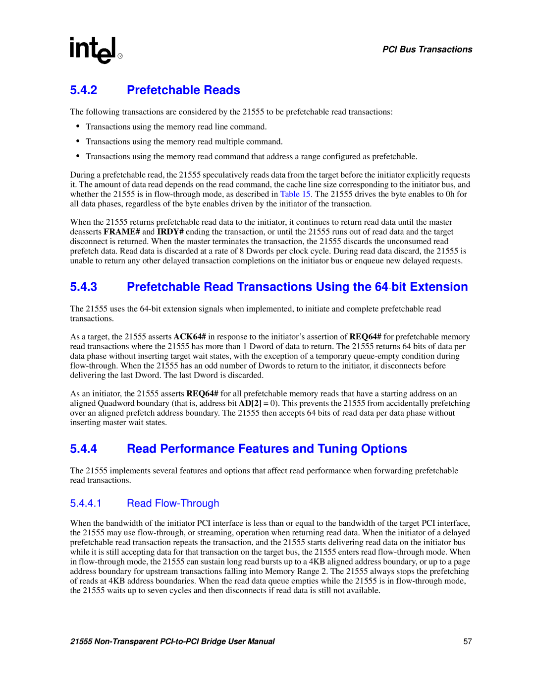 Intel 21555 user manual Prefetchable Reads, Prefetchable Read Transactions Using the 64-bit Extension 