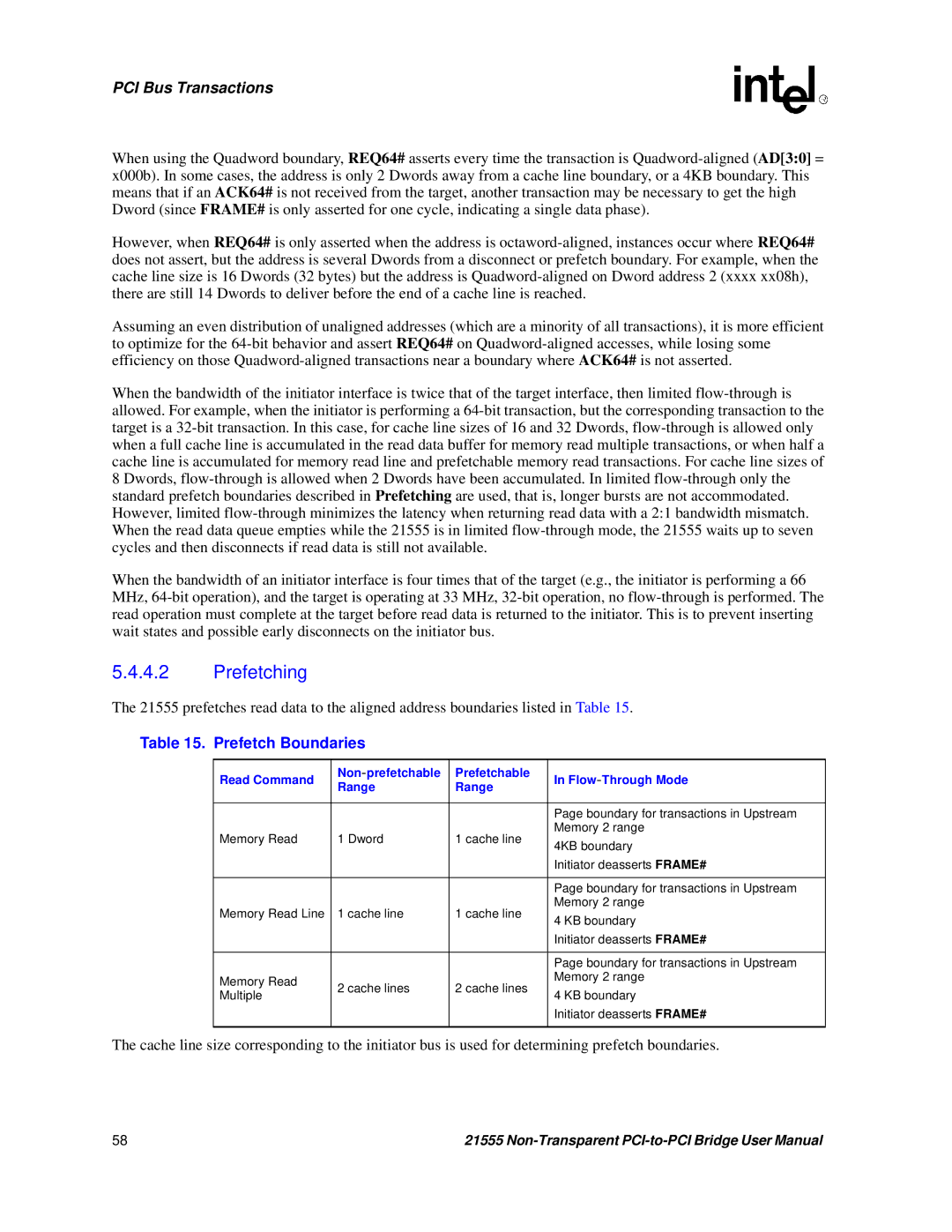 Intel 21555 user manual Prefetching, Prefetch Boundaries 