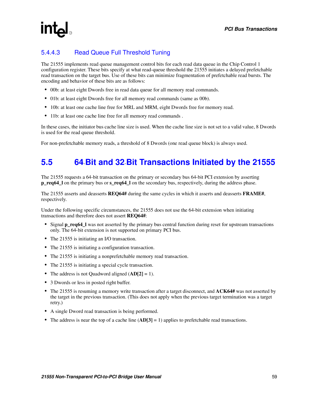 Intel 21555 user manual Bit and 32-Bit Transactions Initiated by, Read Queue Full Threshold Tuning 