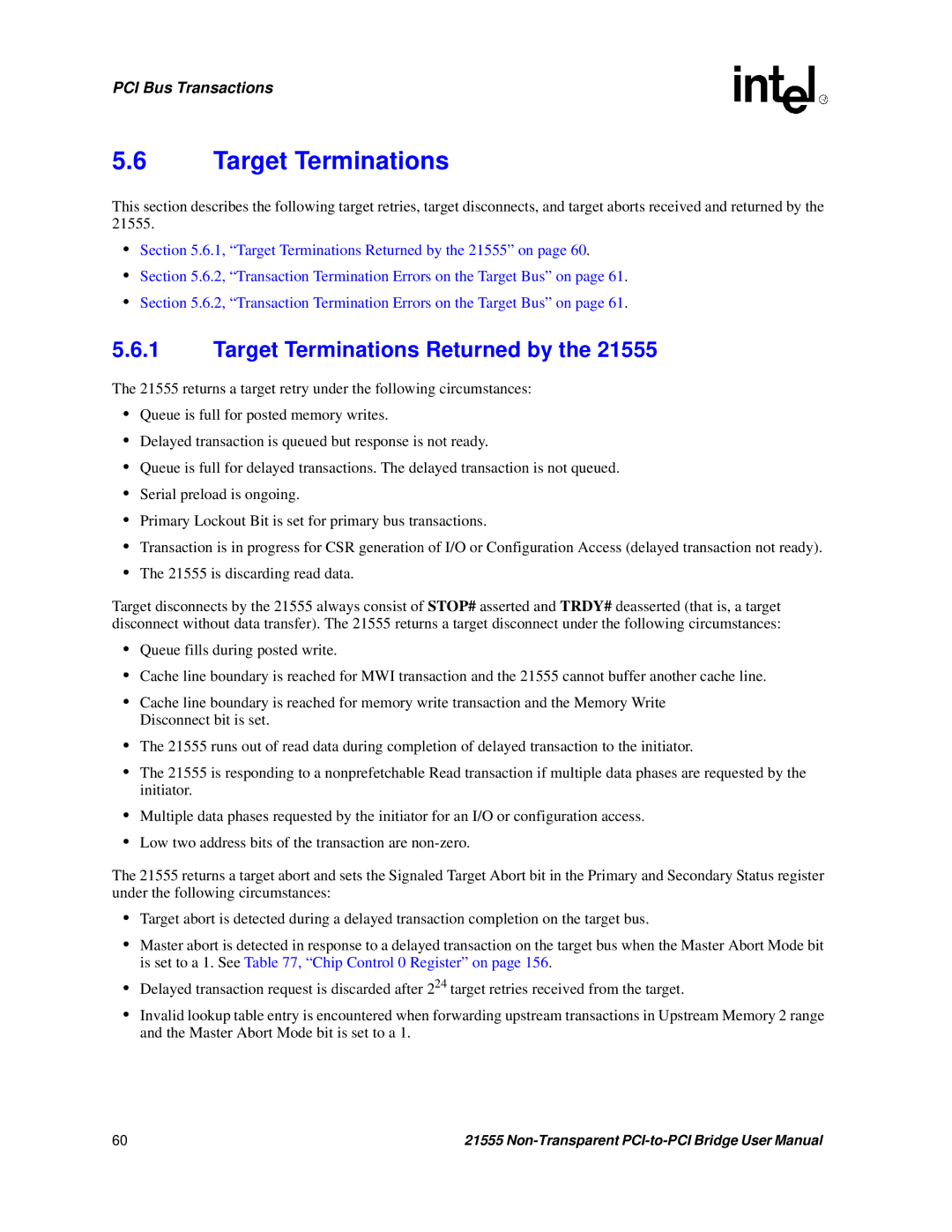 Intel 21555 user manual Target Terminations Returned by 