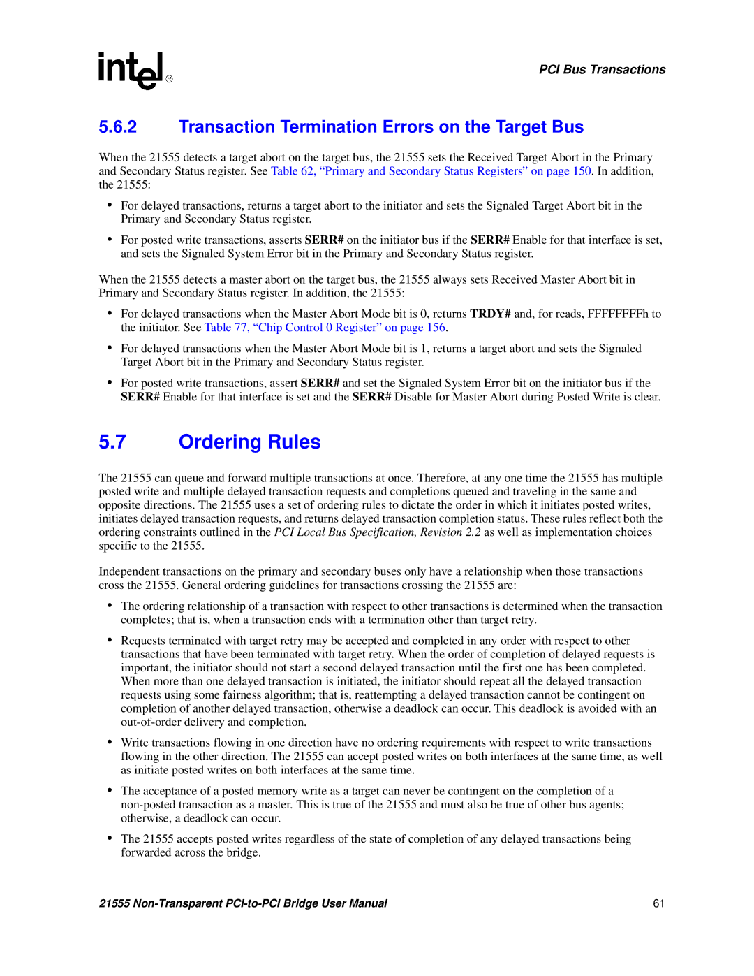 Intel 21555 user manual Ordering Rules, Transaction Termination Errors on the Target Bus 