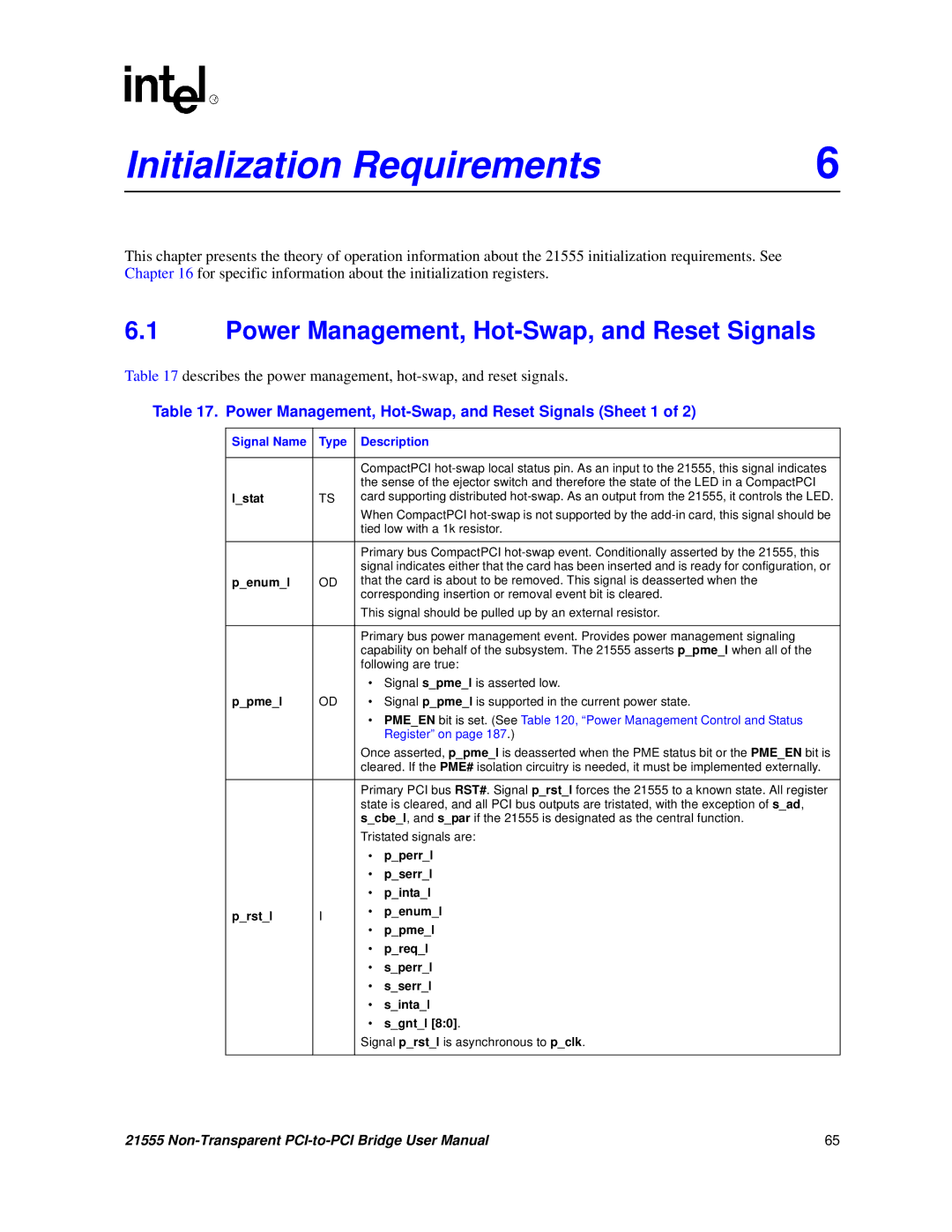 Intel 21555 user manual Initialization Requirements, Power Management, Hot-Swap, and Reset Signals 