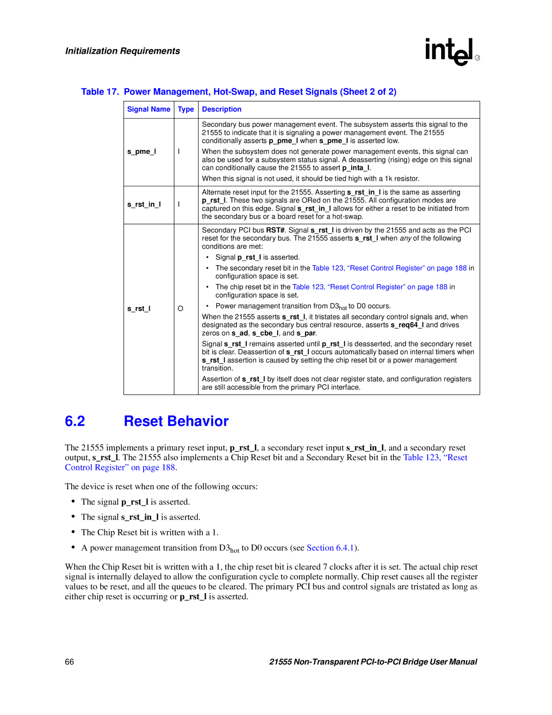 Intel 21555 user manual Reset Behavior, Power Management, Hot-Swap, and Reset Signals Sheet 2, Spmel, Srstinl, Srstl 