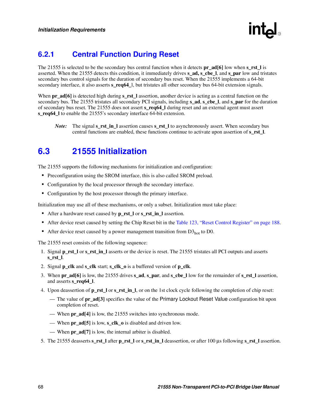 Intel 21555 user manual Initialization, Central Function During Reset 