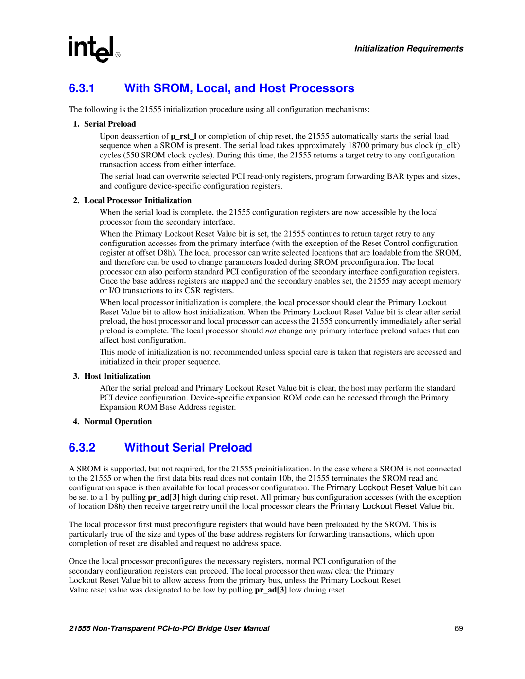 Intel 21555 user manual With SROM, Local, and Host Processors, Without Serial Preload 