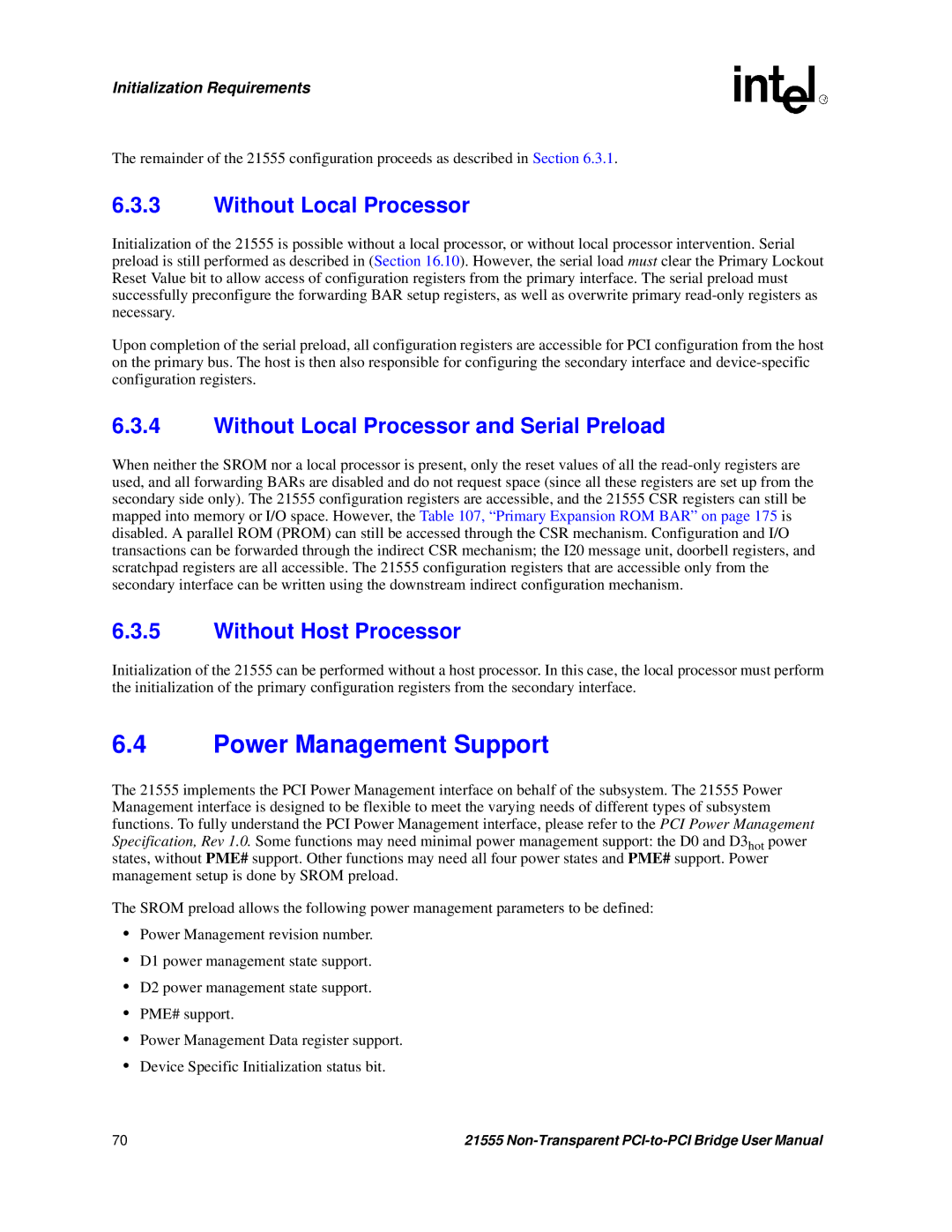 Intel 21555 user manual Power Management Support, Without Local Processor and Serial Preload, Without Host Processor 