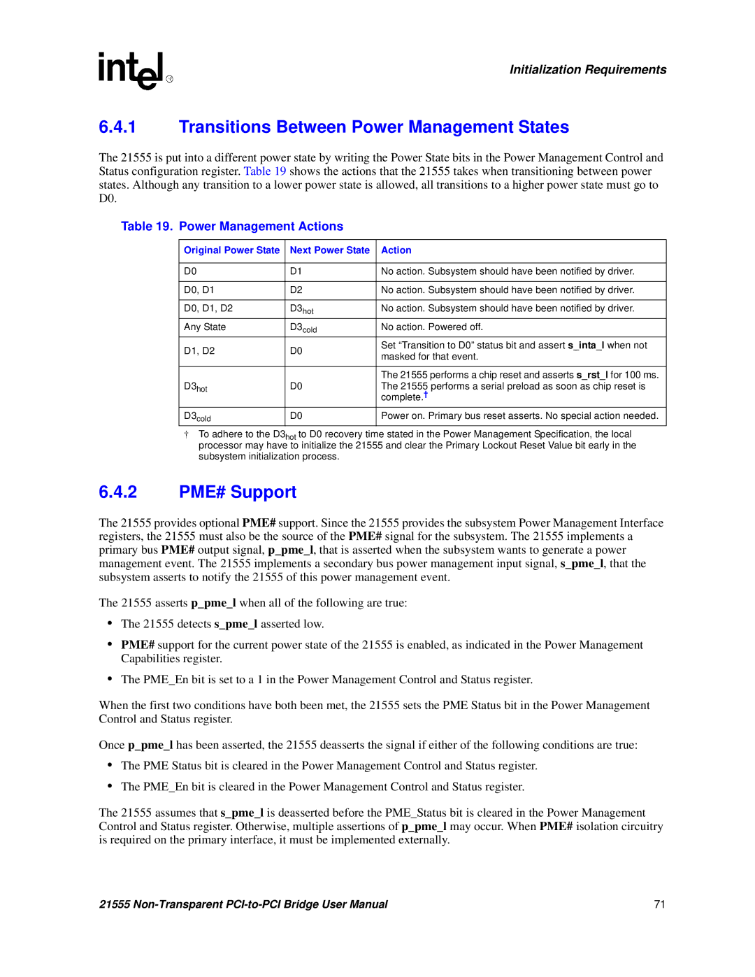 Intel 21555 Transitions Between Power Management States, 2 PME# Support, Power Management Actions, Next Power State Action 