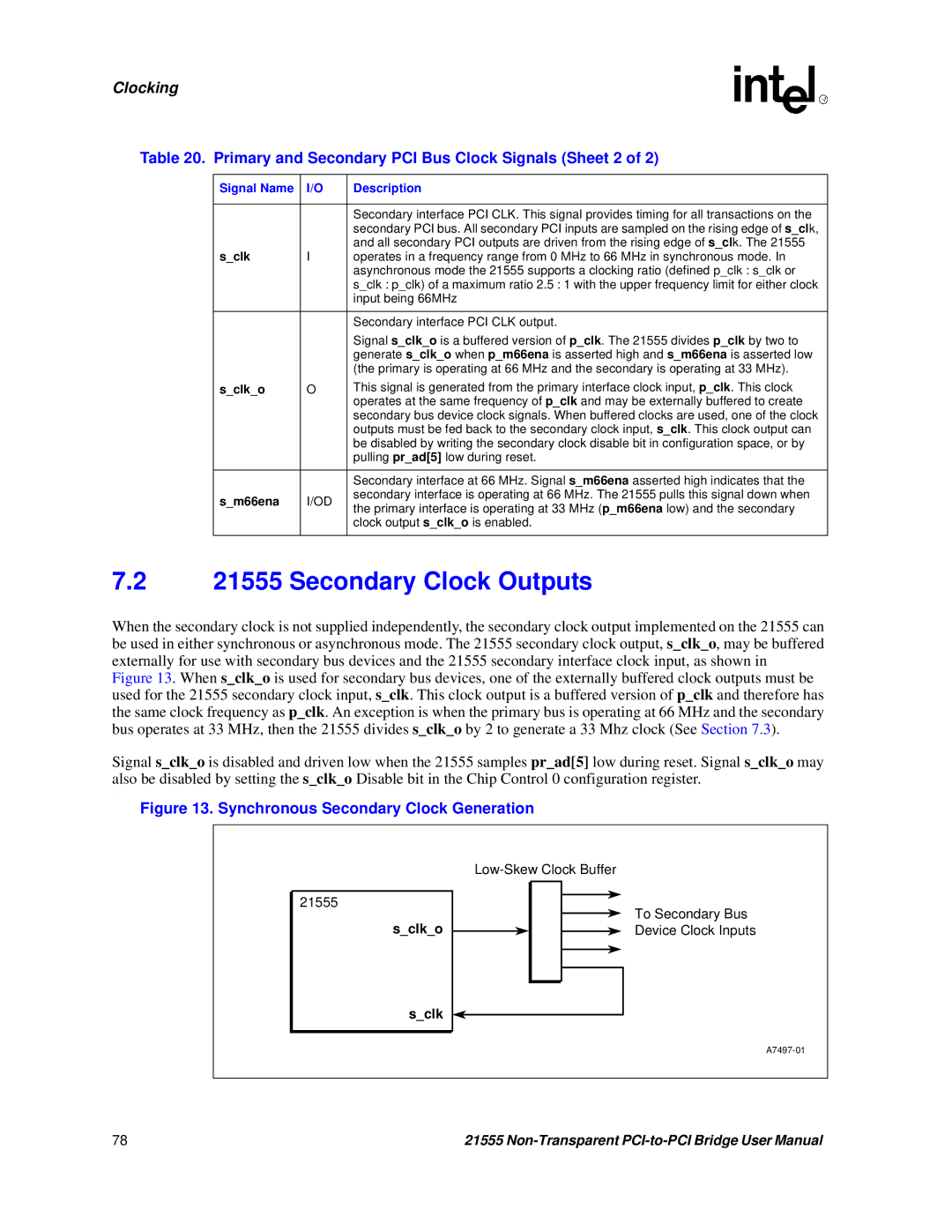 Intel 21555 user manual Secondary Clock Outputs, Primary and Secondary PCI Bus Clock Signals Sheet 2, Sclko, Sm66ena 