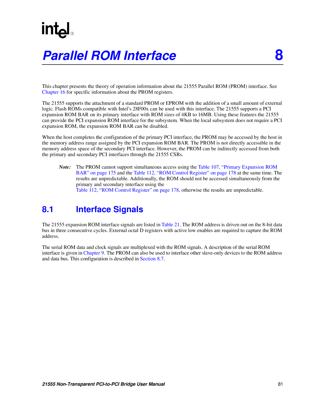 Intel 21555 user manual Parallel ROM Interface, Interface Signals 