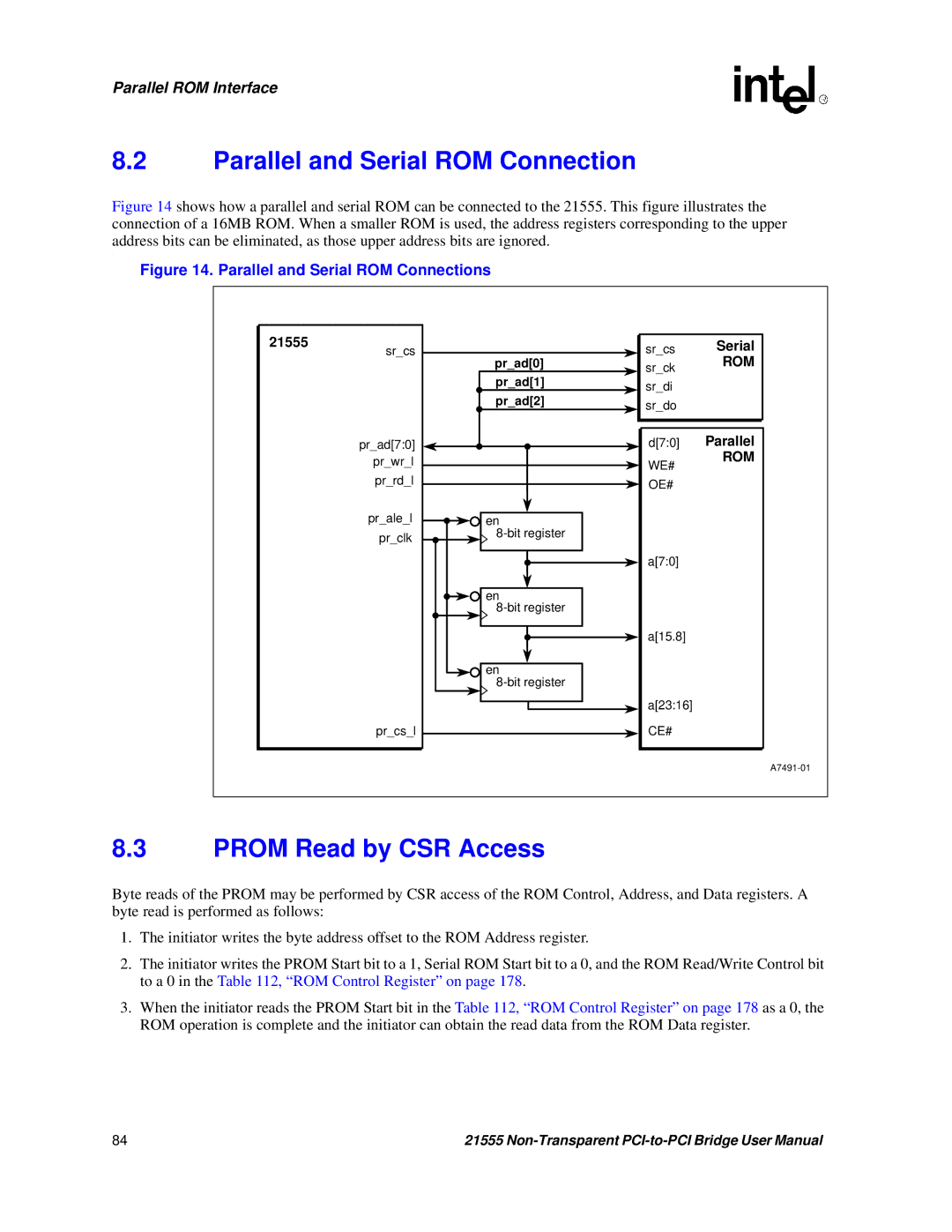 Intel 21555 user manual Parallel and Serial ROM Connection, Prom Read by CSR Access, We# Oe#, Ce# 