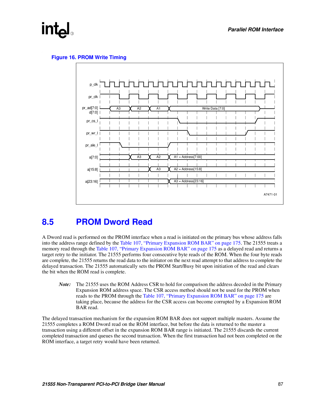 Intel 21555 user manual Prom Dword Read, Prom Write Timing 