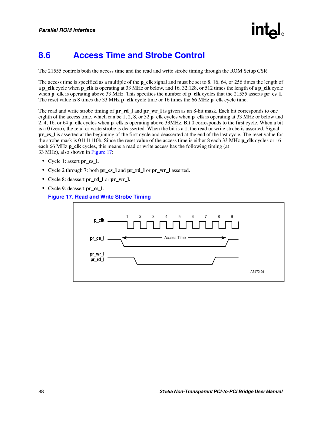 Intel 21555 user manual Access Time and Strobe Control, Read and Write Strobe Timing 