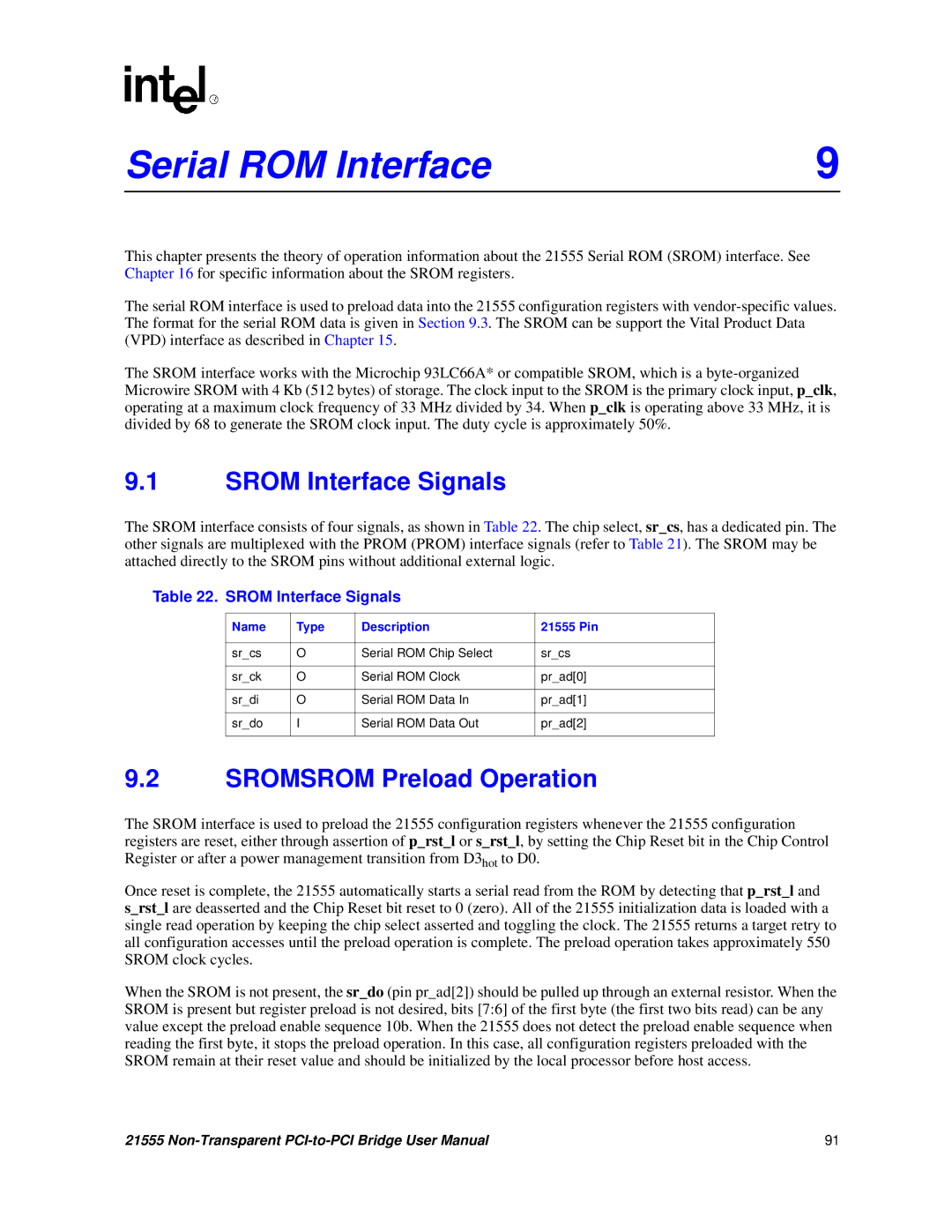 Intel Serial ROM Interface, Srom Interface Signals, Sromsrom Preload Operation, Name Type Description 21555 Pin 