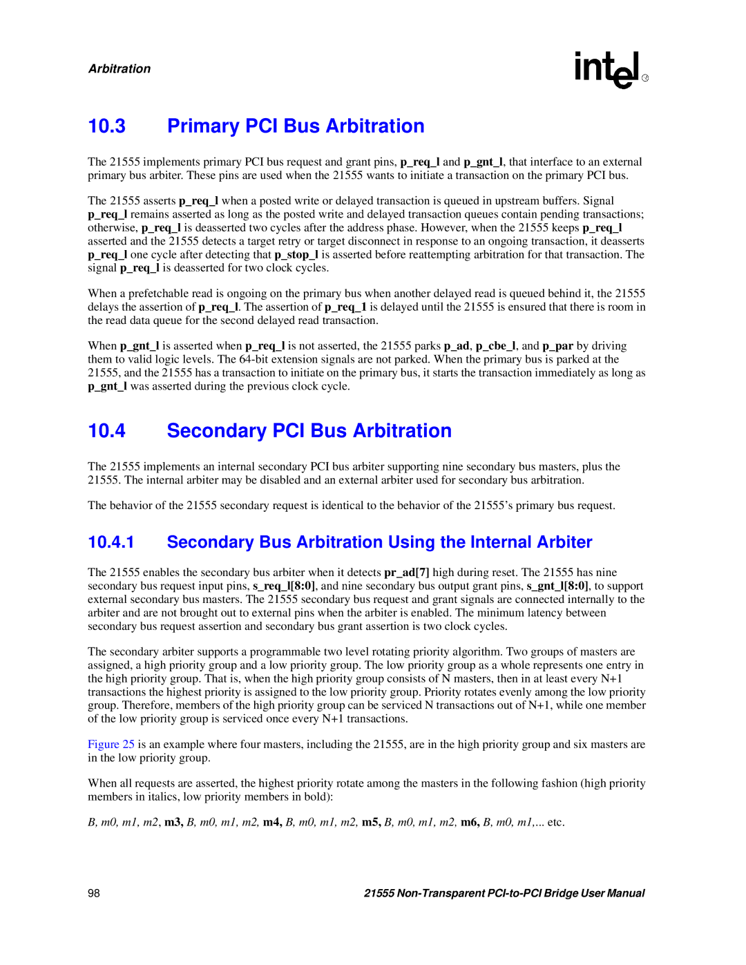 Intel 21555 user manual Primary PCI Bus Arbitration, Secondary PCI Bus Arbitration 