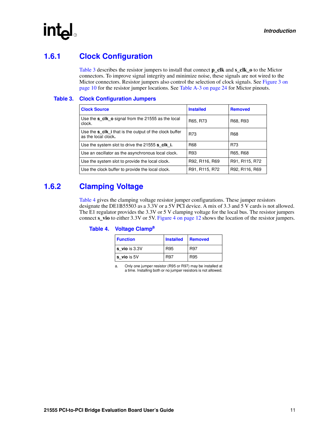 Intel 21555 manual Clamping Voltage, Clock Configuration Jumpers, Voltage Clampa 