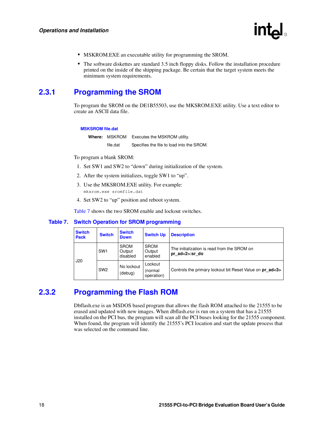 Intel 21555 manual Programming the Srom, Programming the Flash ROM, Switch Operation for Srom programming, Msksrom file.dat 