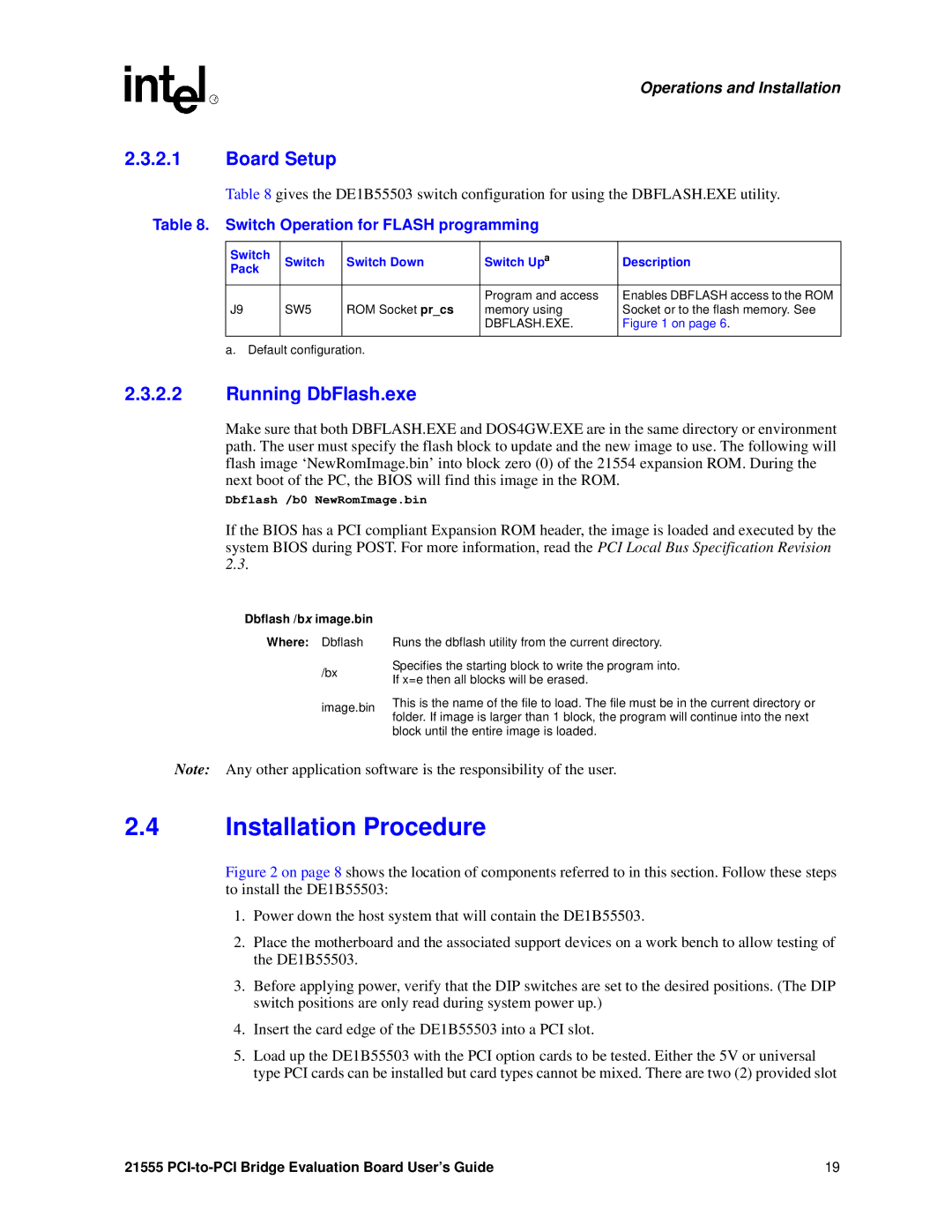 Intel 21555 manual Installation Procedure, Switch Operation for Flash programming 