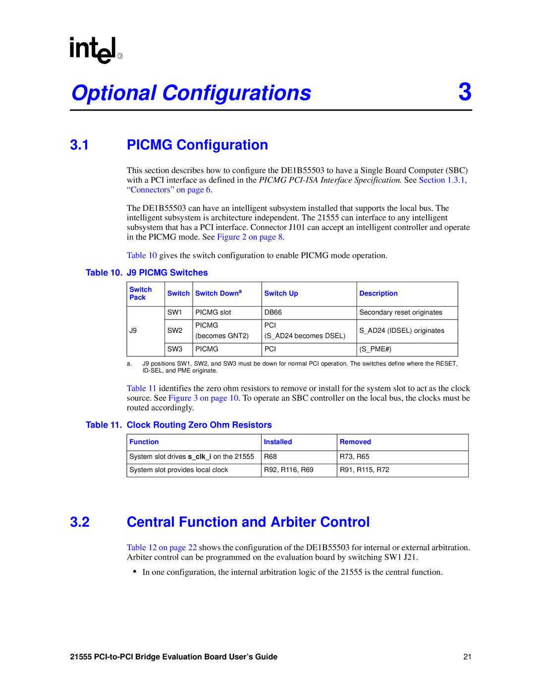 Intel 21555 manual Optional Configurations, Picmg Configuration, Central Function and Arbiter Control, J9 Picmg Switches 