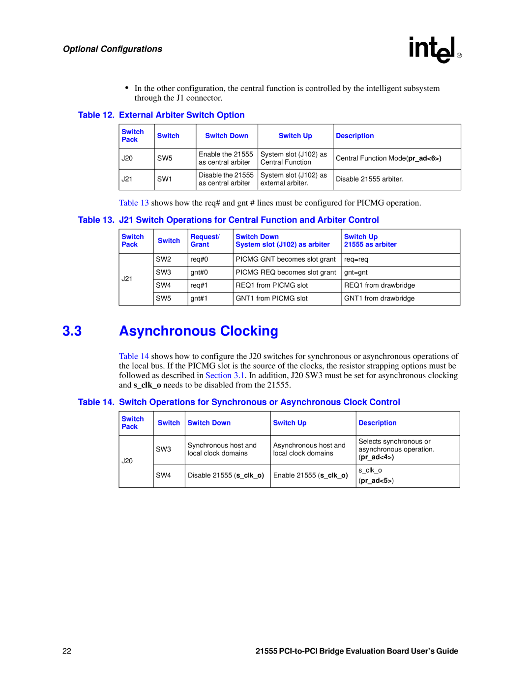 Intel 21555 manual Asynchronous Clocking, External Arbiter Switch Option, Switch Switch Down Switch Up Description Pack 